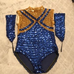 Blue and gold sequin bodysuit with gauntlets